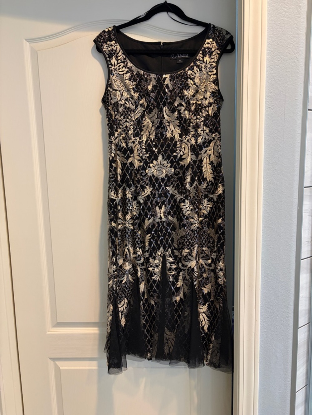 Alex Evenings Black and Gold Floral Beaded Midi Dress